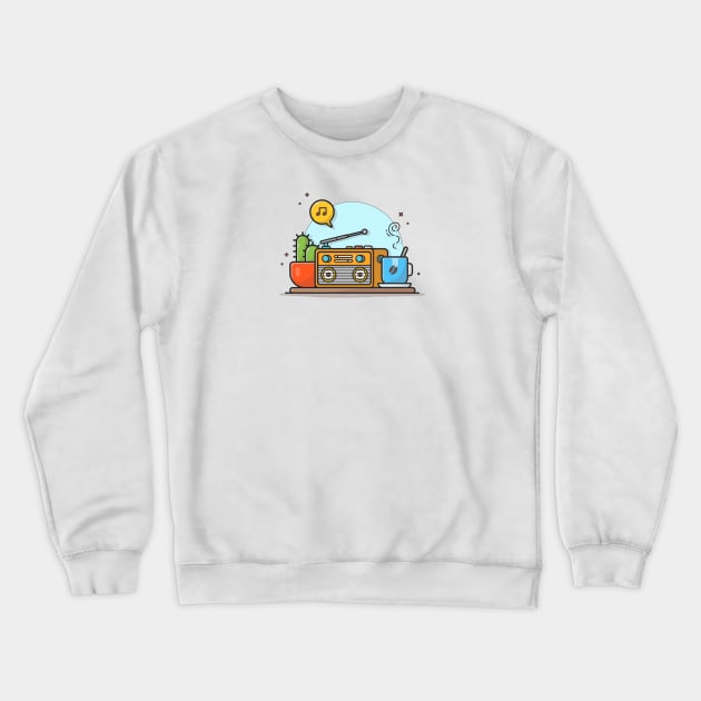 Old Radio with Coffee, Cactus Plant, Note and Tune of Music. Cartoon Vector Icon Illustration Crewneck Sweatshirt by Catalyst Labs